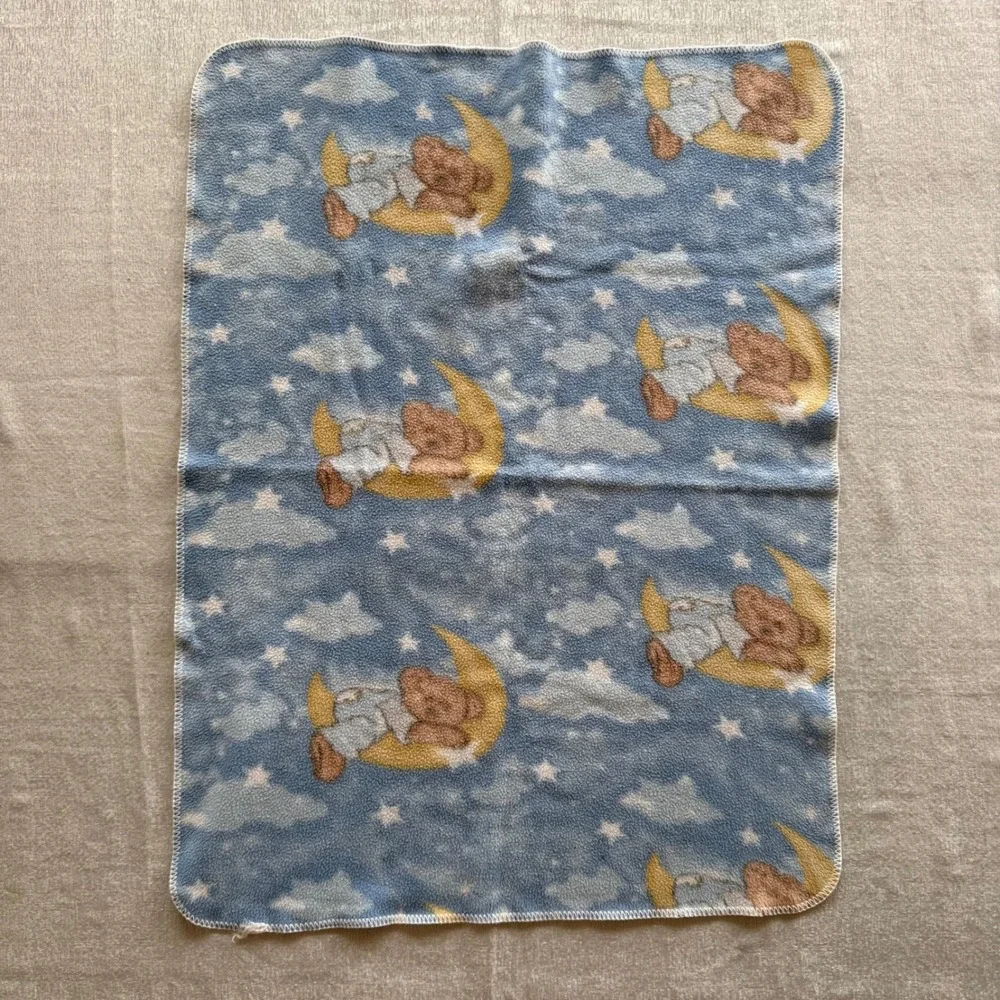 Vintage Dolly Boyd's Collection Teddy Bear Baby Blanket Moon Stars Blue 28x36